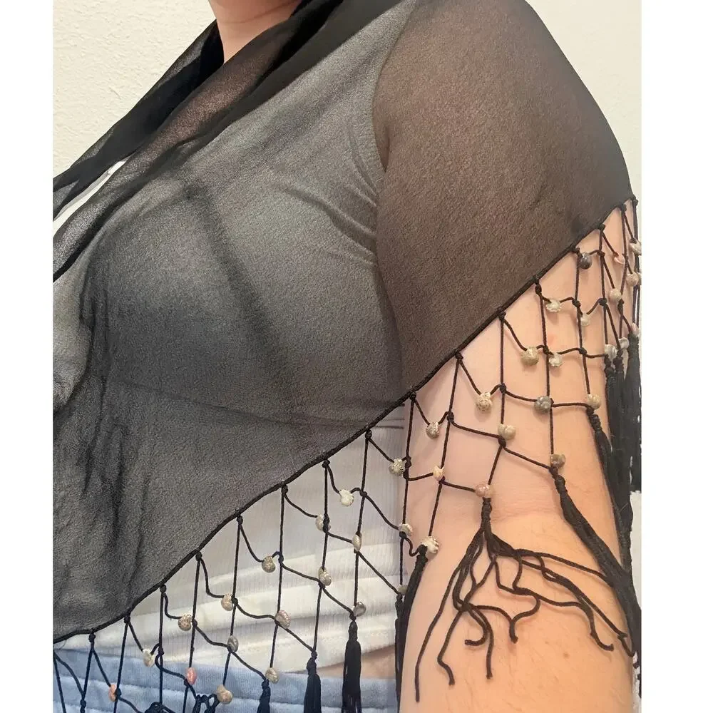 Beaded Black Sheer Shawl Bandana Hippie Y2K Seashell Coastal Wrap